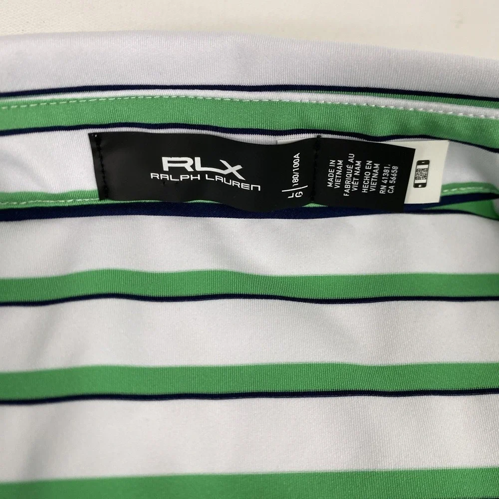 RLX Ralph Lauren Polo Shirt Mens Large White Green Stripe Performance Bear's Paw
